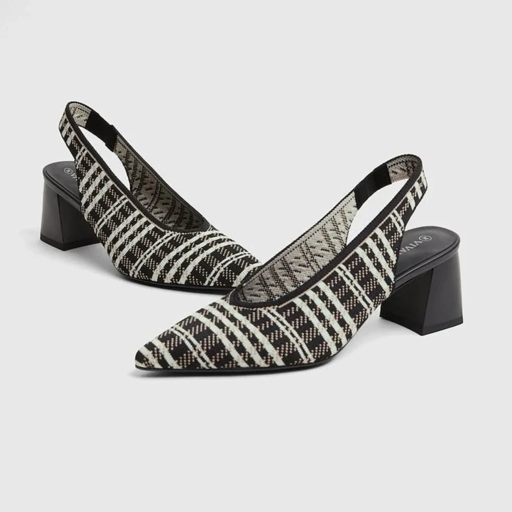 Vivaia Pointed Toe Slingback Pumps‎ Black Beige Plaid Block Heel Size 8 EU 39